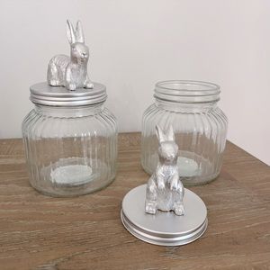 Silver bunny glass jars.  Set of 2. 8 inches tall. 5 inches wide.